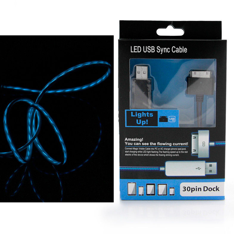 Flat Noodle Black Flash Visible Light  Apple 30 pin to USB 2.0 Cable